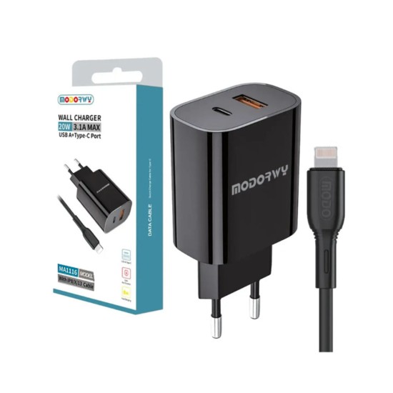 Modorwy PD Wall Charger MA1116 USB 2.0+Type-C with Lightning cable 5V 3.1A Black